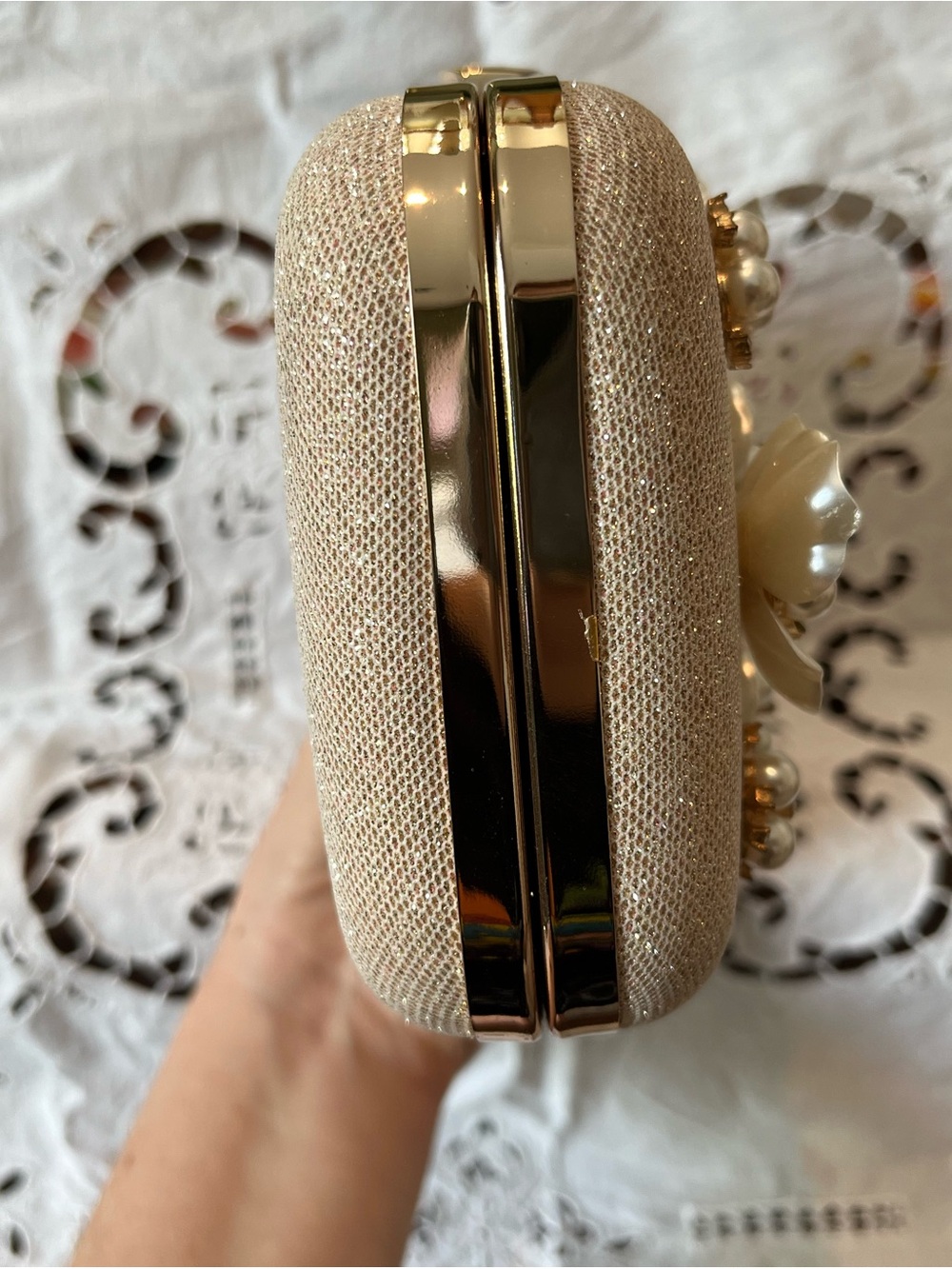 Pearl Floral Embellished Evening Clutch - Champagne - Picture 4 of 6